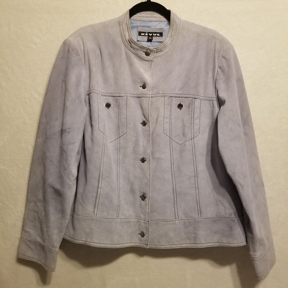Revue 2X Jacket Suede Leather Light Blue Lined Band Collar Vintage Pastel Preppy